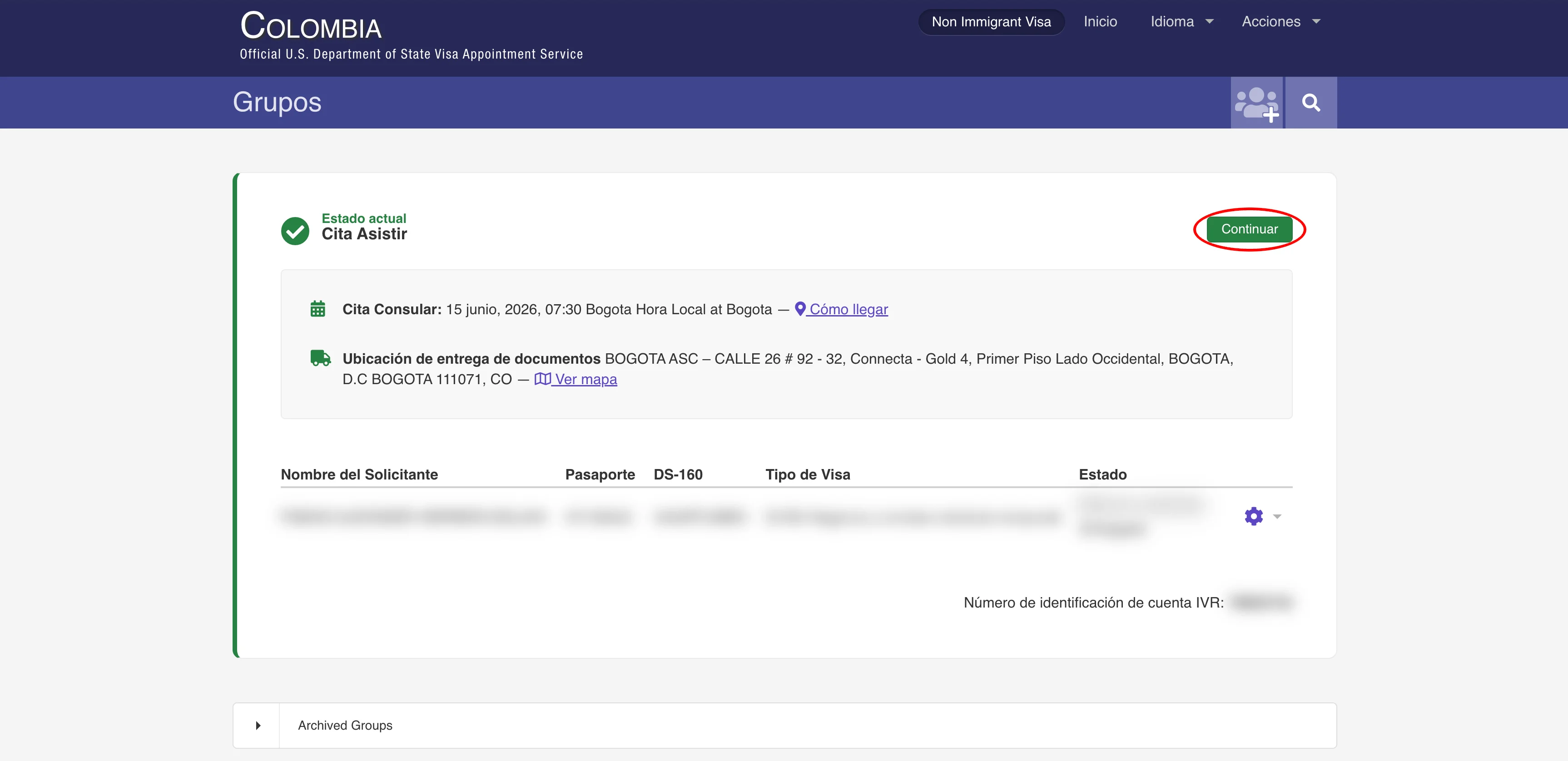 Panel con tu cita actual y botón Continuar resaltado