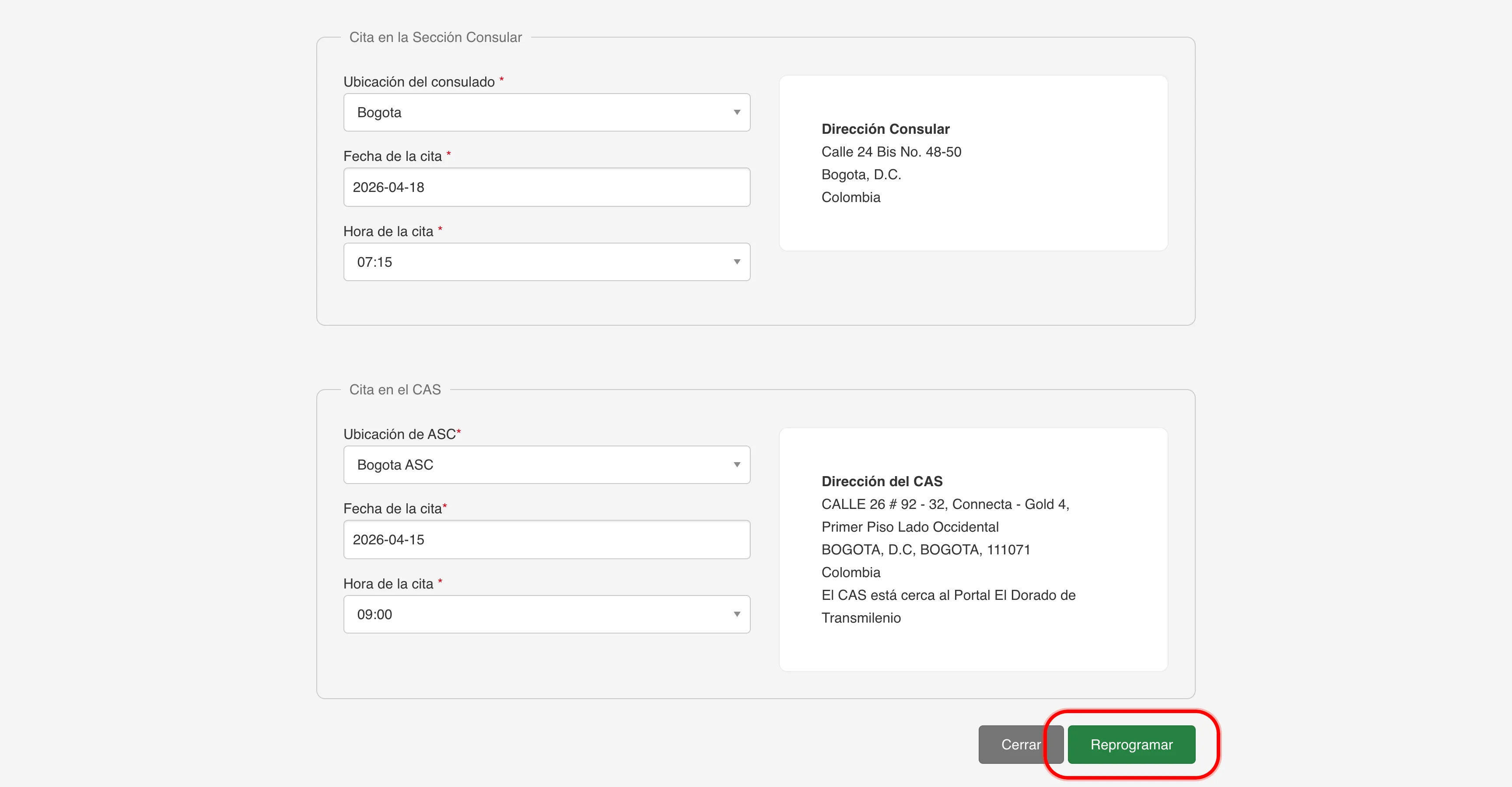 Calendario con fecha y hora de cita consular y CAS, botón Reprogramar